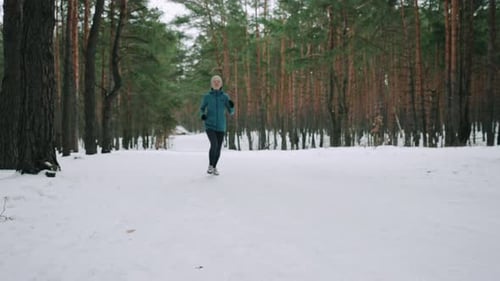 Woman Jogging Through a Snowy Forest in Winter