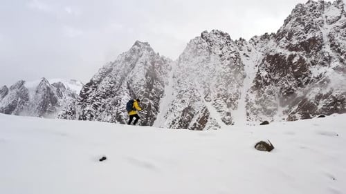 Climbers Walking Up Mountain Expedition Aerial Flight Epic Mountain Range Climb To Success Beautiful