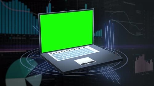 Green screen placeholder on animated laptop / notebook symbol against technical background with grap