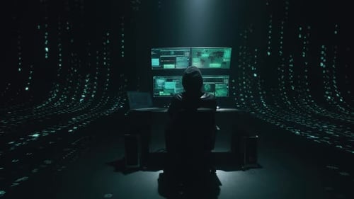 Figure at Computer Surrounded by Digital Data