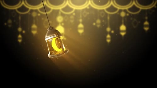 Golden Lantern with Crescent Moon Swinging for Islamic Holidays