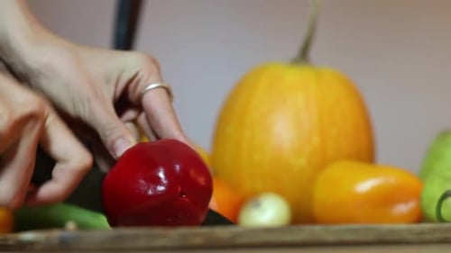 Preparing Healthy Meal Cutting Fresh Vegetables