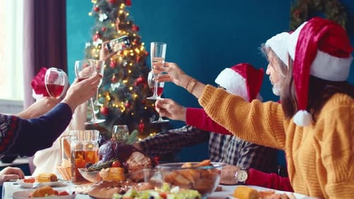 Large Happy Caucasian Family Is Celebrating Christmas Home Together By Taking Photos Friends