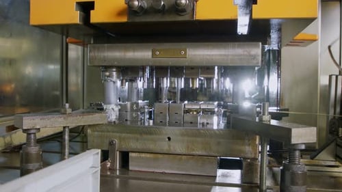 A large industrial punch press forming high precision metal parts for the automotive industry