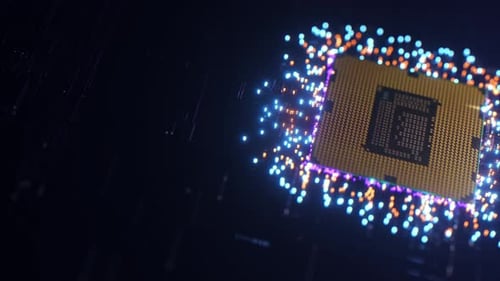 Futuristic CPU Processor with Glowing Data Flow on Circuit Board