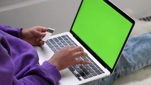 Black Woman Using Laptop Notebook Viewing Green Screen Press Keyboard Browsing Chroma Key