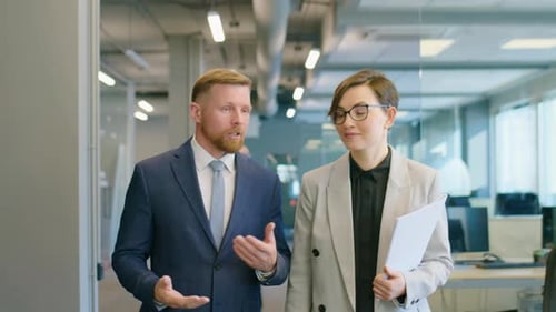 Colleagues Walking in Office and Discussing Business