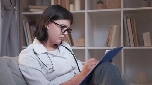 Young Doctor Writes on Clipboard at Home