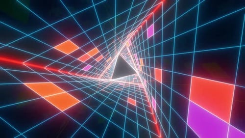 Flying Through Abstract Tunnel in Retrowave Style Background