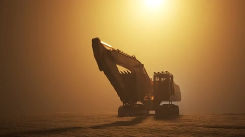 3D Animated Excavator Heavy Machinery in Dusty Golden Light