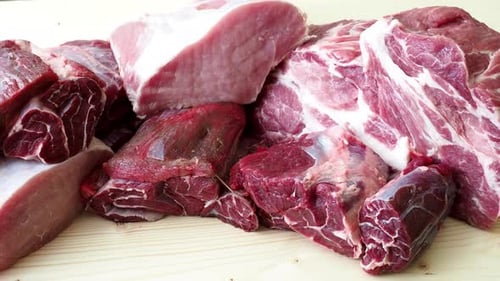 Pile of Raw Meat, Beef and Pork Cuts