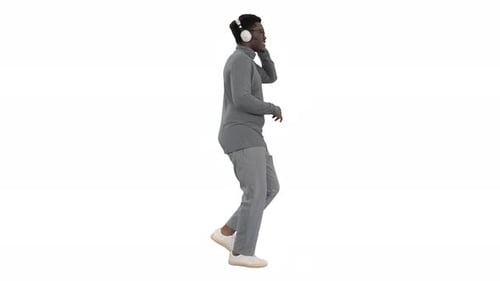 Man Walks and Dances with Headphones on White Background