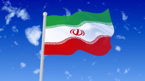 Waving Iranian Flag with Blue Sky and Clouds