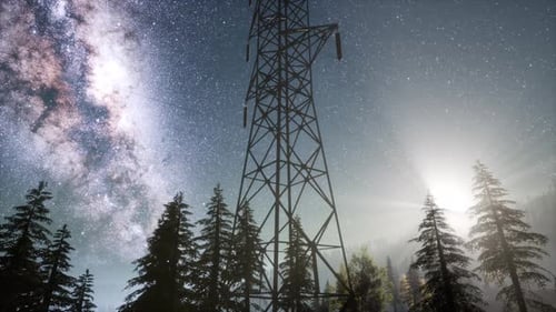 Electricity Pylon in Forest with Starry Night Sky
