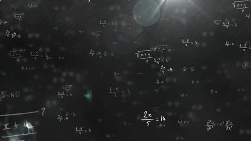 Animation of mathematical formulae moving on black chalkboard background