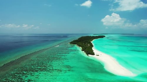 Aerial drone shot seascape of marine island beach vacation by turquoise water with white sand backgr