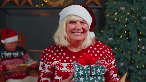Smiling Woman Holding Christmas Gift Wearing a Santa Hat