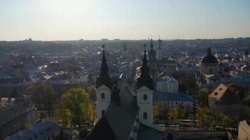 Aerial Video of Saint Mikhail Church in in Central Part of Old City of Lviv, Ukraine
