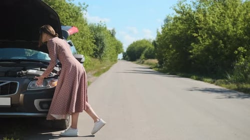 Beautiful Woman in Brown Polkadot Dress Has Car Breakdown on Road