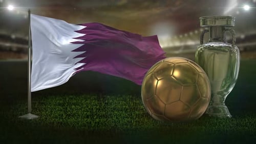 Waving Qatar Flag with Golden Soccer Ball and Silver Trophy