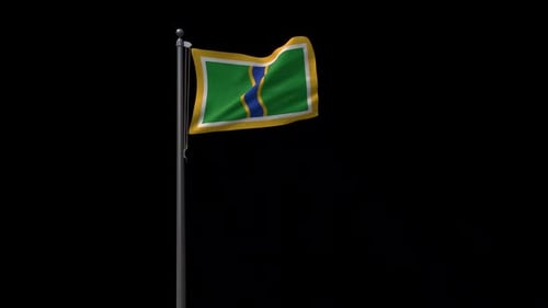 Realistic 3D Green Flag with Wavy Blue Stripe Waving