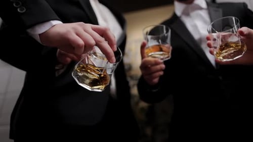Close Up View of Wedding Guests Clinking Glasses with Alcohol