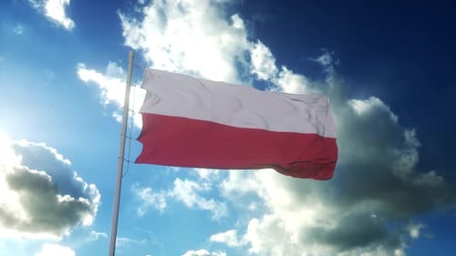 Realistic Polish Flag Waving Against Blue Sky
