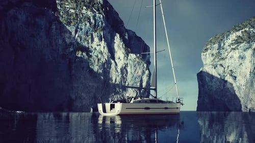 Yacht in the Sea with Greeny Rocky Island