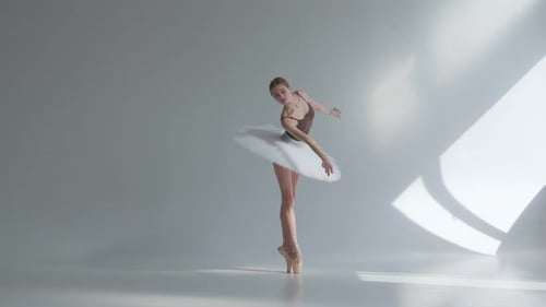 A Professional Ballerina in a White Tutu Dances in a Large Training Hall. Girl Does Dance Steps