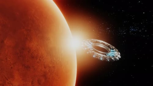Futuristic Ring Spaceship Orbiting a Red Planet with Light Reveal