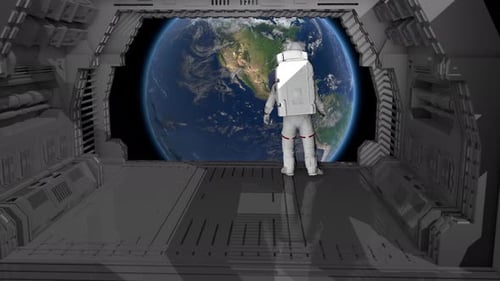 Allein Astronaut geht in einem futuristischen Sci-Fi-Korridor