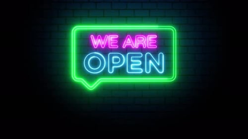 We Are Open Neon Sign Animation on Brick Wall