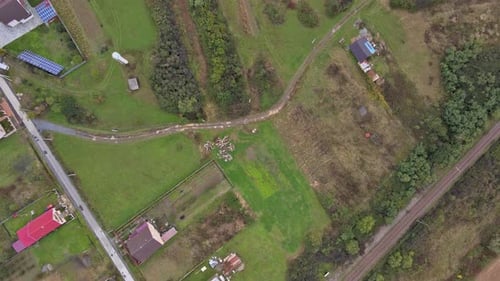 Village with Red Roofs of a House Beautiful of European Fields Aerial Top View of Land with Down