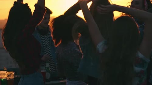 Friends Dancing Together on Rooftop at Sunset
