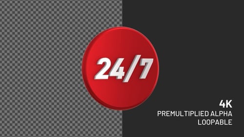 Open 24 7 D 3D Rotating Loopable Badge with Alpha Channel 4K
