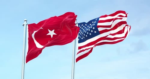 Turkish And American Flags Waving