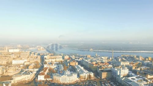 Pictorial City Buildings with Bridge Over Blue River
