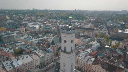 Aerial City Lviv, Ukraine. European City. Popular Areas of the City. Town Hall