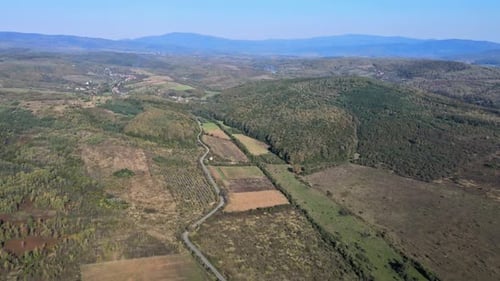 Aerial Top Forest Mountain Autumn Valley Village Landscape Agriculture Fields in Countryside