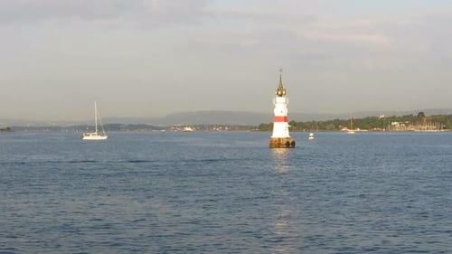 View froming boat, passing lighthouse and sailboat