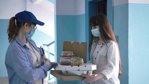 Lockdown, Young Girl Works As Courier Wearing Goggles, Medical Mask and Gloves To Protect Against