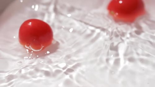 Cherry Tomatoes Falling Into Water Basin, Macro