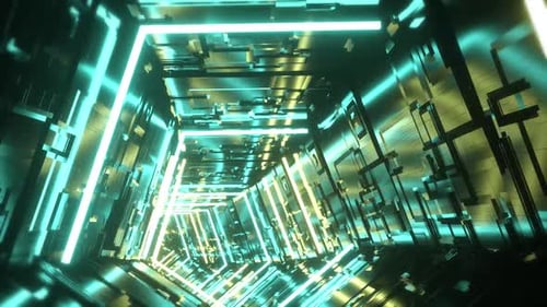Flying through abstract futuristic pentagonal sci-fi tunnel seamless loop animation.