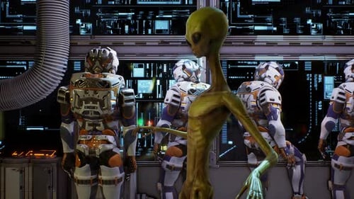 Astronauts and Alien in Sci-Fi Space Control Room