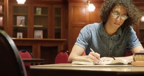 Man studying in the library 4k