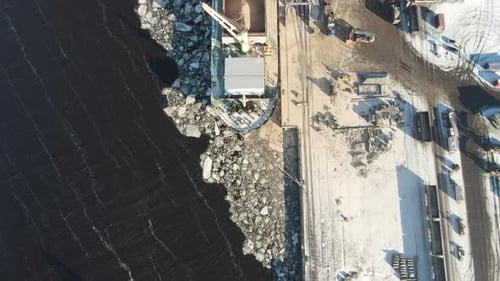 Cargo port in winter aerial view