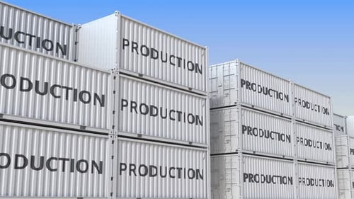 Animated Production Text on Stacked Shipping Containers