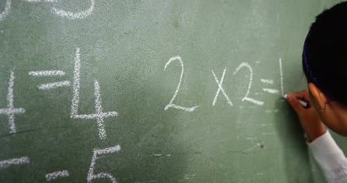 Happy Girl Solving Math on Chalkboard