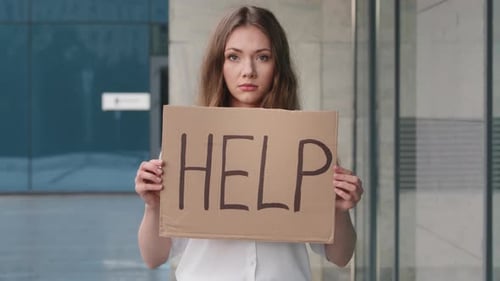 Sad Stressed Frustrated Poor Girl Lost Caucasian Woman Lady Holding Cardboard Banner with