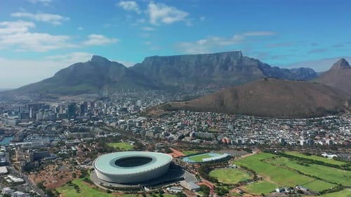 Aerial View Flying Towards the City of Cape Town with Table Mountain